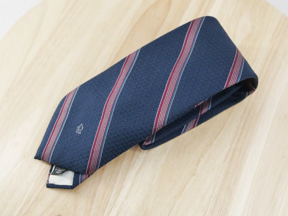 Vintage Christian Dior Repp Stripe Tie Polyester Silk Blend Blue Red Men's
